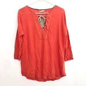NEW NWT ANTHROPOLOGIE ANTHRO Orange Red V-Neck Lace Up Linen Cotton 3/4 Sleeve S